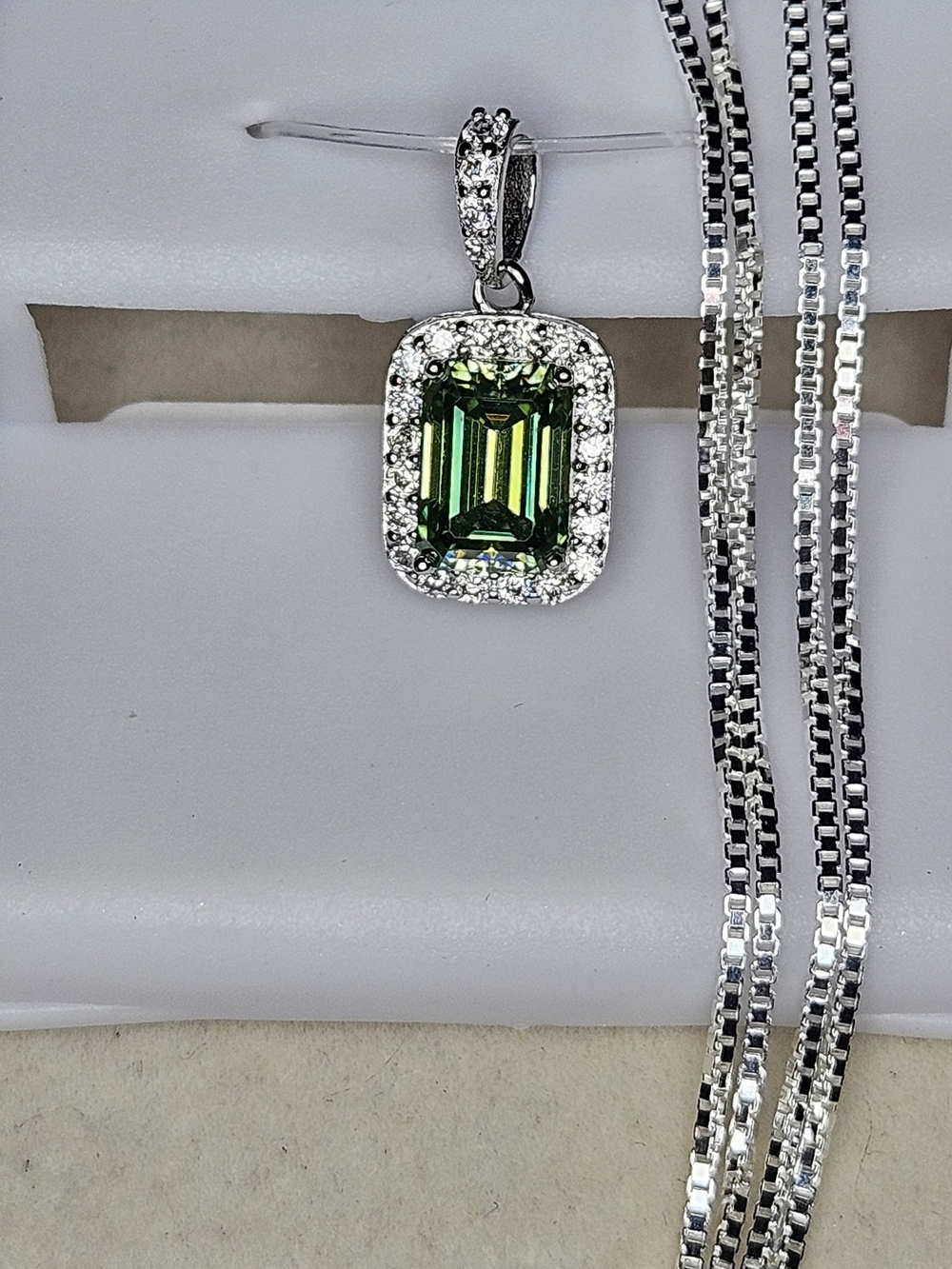 Green Emerald-Cut Moissanite Halo Pendant Necklace -925 Sterling Silver